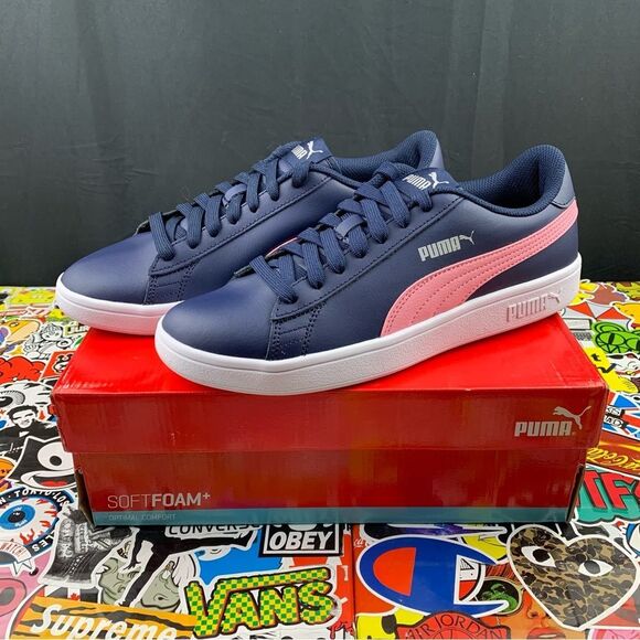 Puma Smash V2 Leather Blue + Pink Womens Various Sizes - Picture 1 of 13